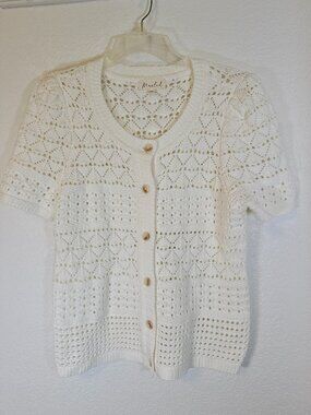 Marled Cream Short Sleeve Knit Cardigan Womens Size M Coquette Artistic Coastal